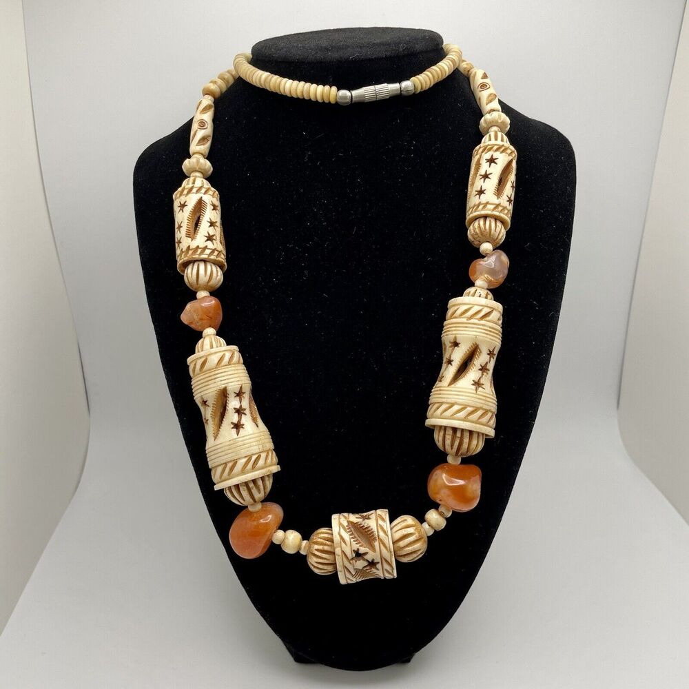 Vintage Carved Bovine Bone & Carnelian Stone Necklace